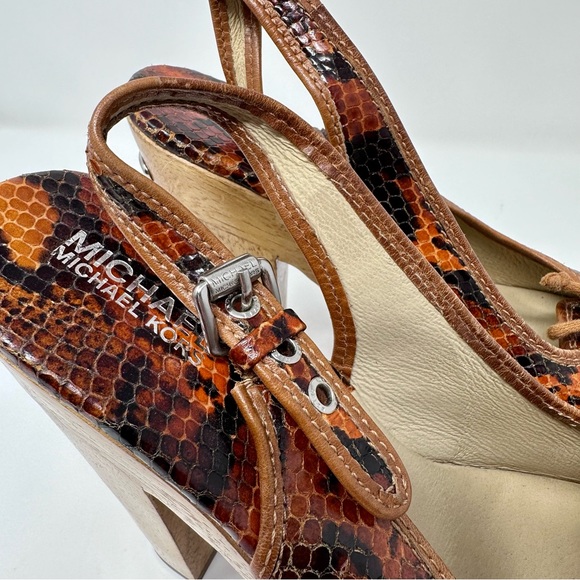 MICHAEL Michael Kors Orange Leather Snakeskin Wooden Heel Platform Sandals - Picture 4 of 7